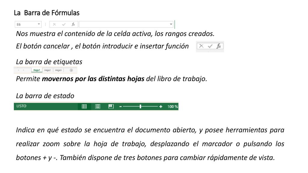 La Barra de Fórmulas Nos muestra el contenido de la celda activa, los rangos creados. El botón cancelar , el botón introducir e insertar función.