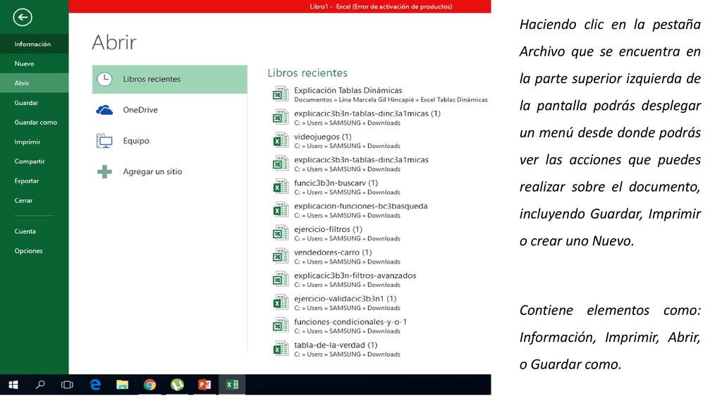 Haciendo clic en la pestaña Archivo que se encuentra en la parte superior izquierda de la pantalla podrás desplegar un menú desde donde podrás ver las acciones que puedes realizar sobre el documento, incluyendo Guardar, Imprimir o crear uno Nuevo.