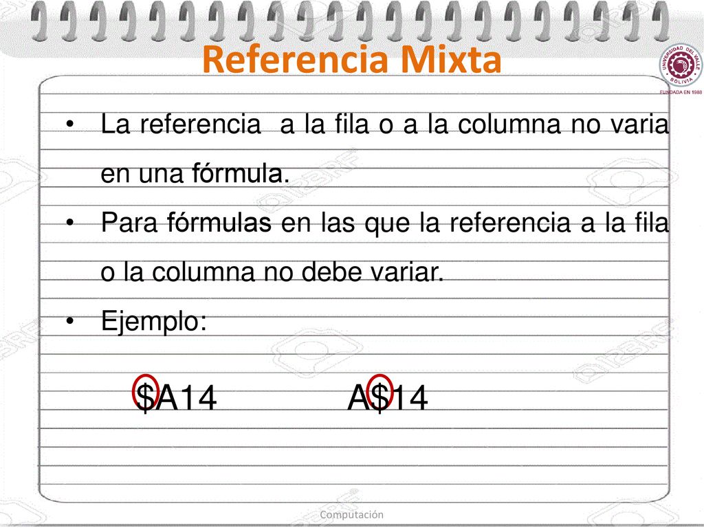 Referencia Mixta La referencia a la fila o a la columna no varia en una fórmula.