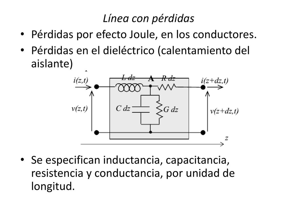 Línea con pérdidas Pérdidas por efecto Joule, en los conductores. Pérdidas en el dieléctrico (calentamiento del aislante)