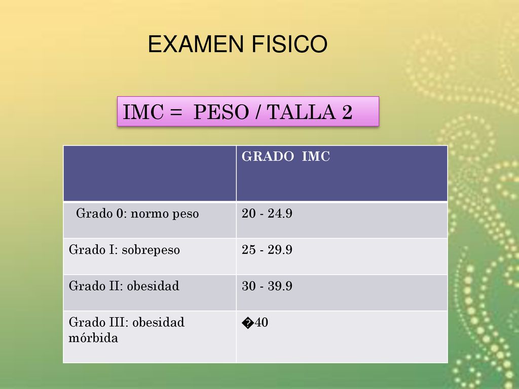 EXAMEN FISICO IMC = PESO / TALLA 2 GRADO IMC Grado 0: normo peso