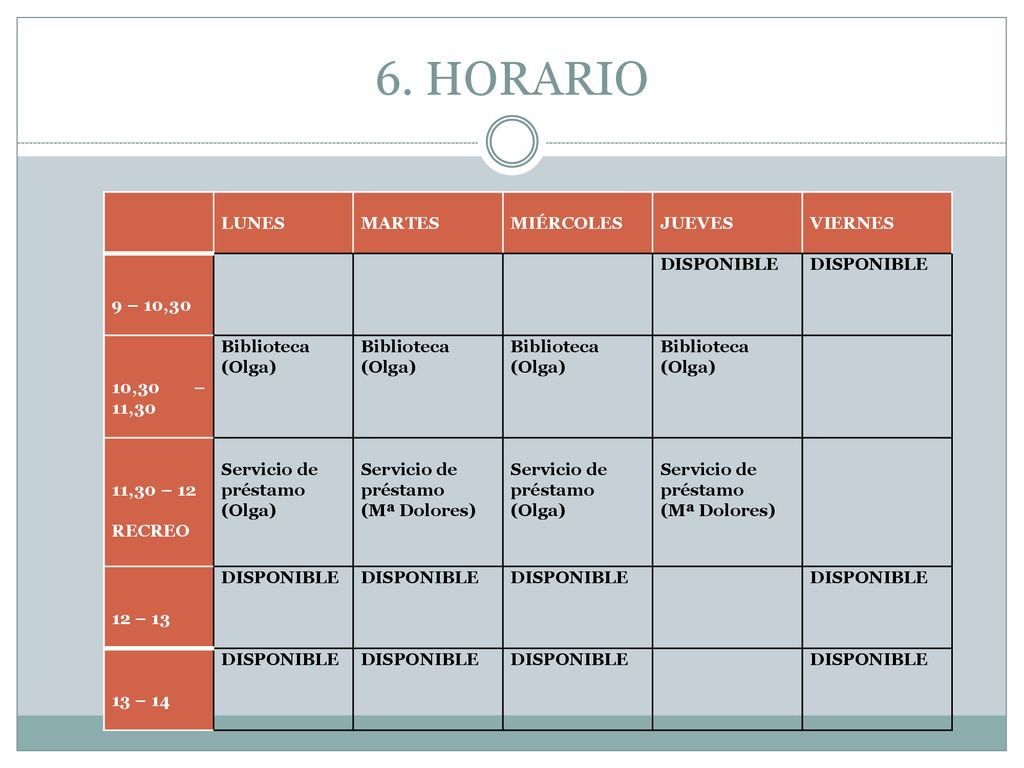 6. HORARIO LUNES MARTES MIÉRCOLES JUEVES VIERNES 9 – 10,30 DISPONIBLE