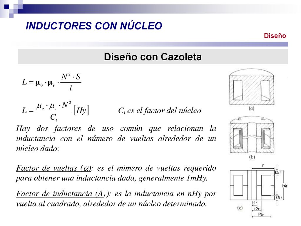 INDUCTORES CON NÚCLEO Diseño con Cazoleta Cl es el factor del núcleo
