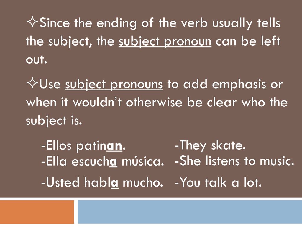 Since the ending of the verb usually tells the subject, the subject pronoun can be left out.