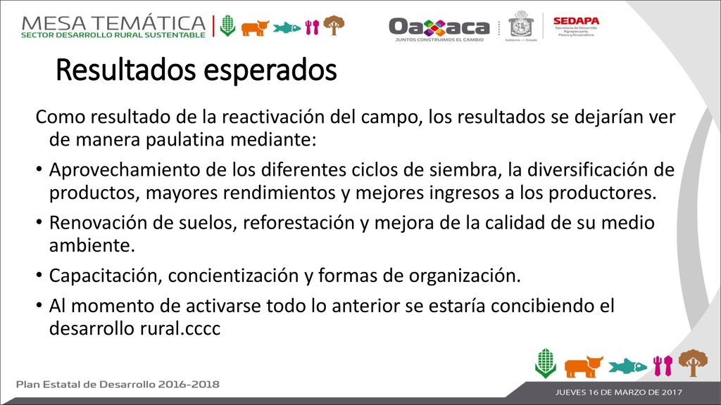 Resultados esperados Como resultado de la reactivación del campo, los resultados se dejarían ver de manera paulatina mediante: