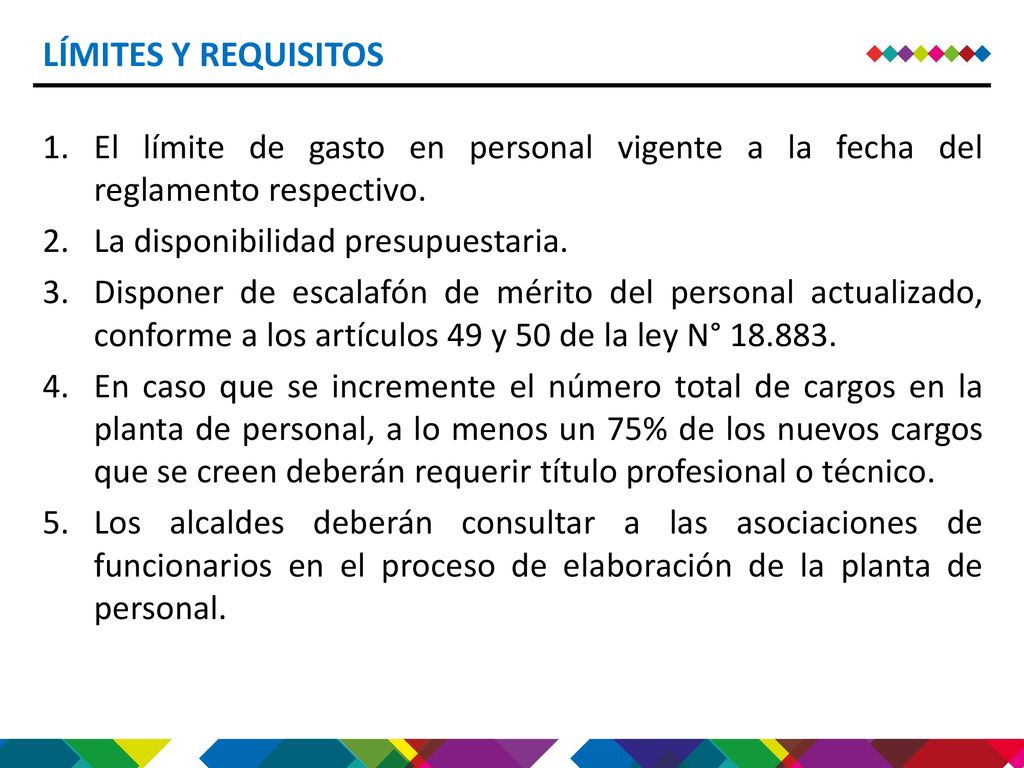 LÍMITES Y REQUISITOS El límite de gasto en personal vigente a la fecha del reglamento respectivo. La disponibilidad presupuestaria.