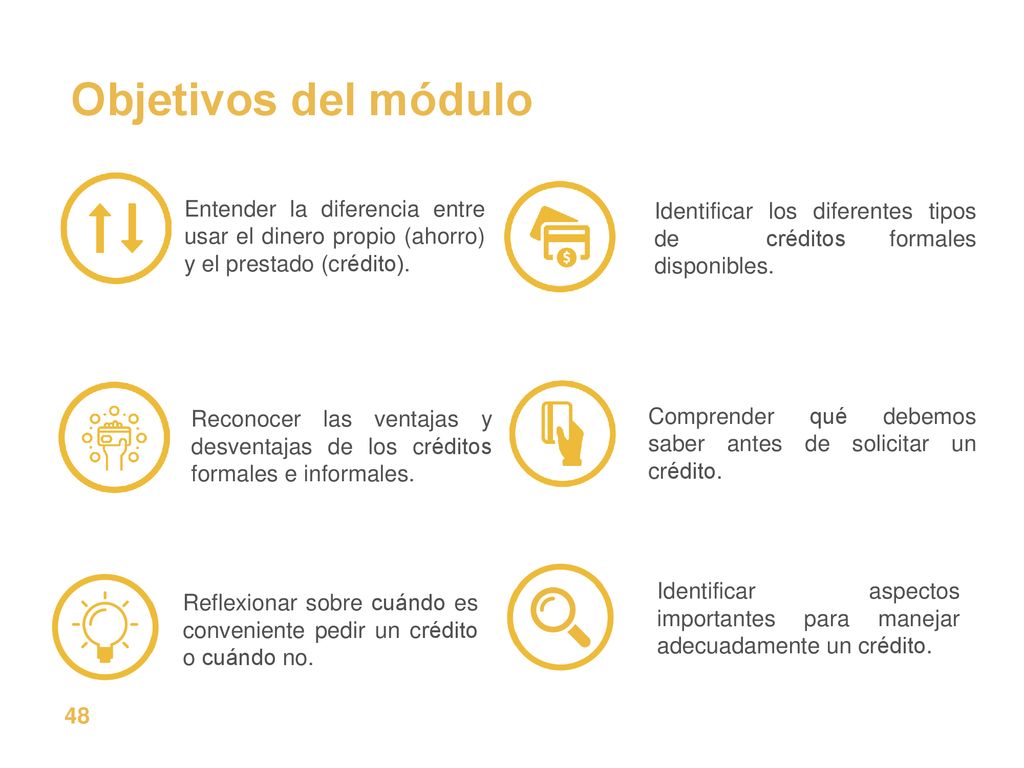 Objetivos del módulo Entender la diferencia entre usar el dinero propio (ahorro) y el prestado (crédito).
