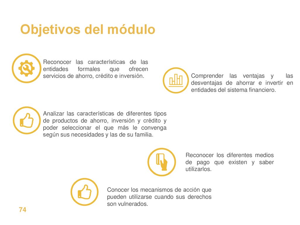 Objetivos del módulo Reconocer las características de las entidades formales que ofrecen servicios de ahorro, crédito e inversión.