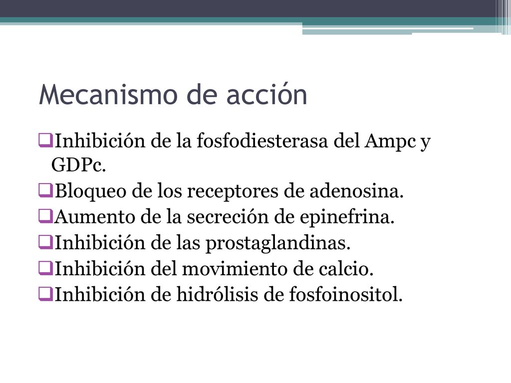 Mecanismo de acción Inhibición de la fosfodiesterasa del Ampc y GDPc.