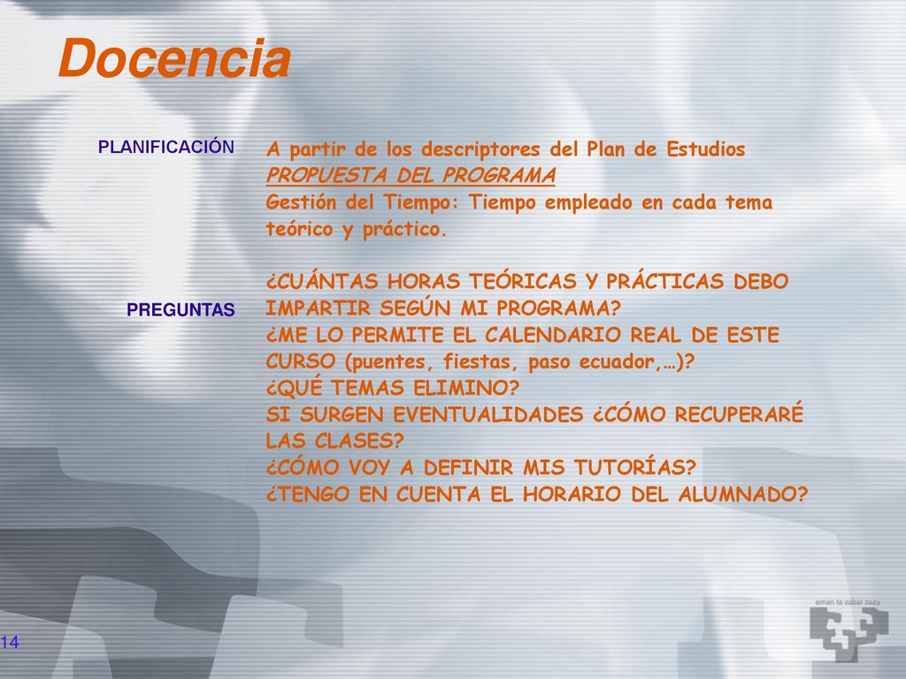 Docencia A partir de los descriptores del Plan de Estudios