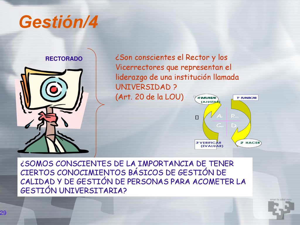 Gestión/4 ¿Son conscientes el Rector y los Vicerrectores que representan el liderazgo de una institución llamada UNIVERSIDAD