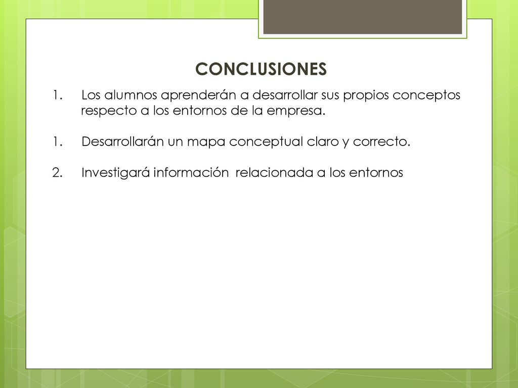 CONCLUSIONES Los alumnos aprenderán a desarrollar sus propios conceptos respecto a los entornos de la empresa.