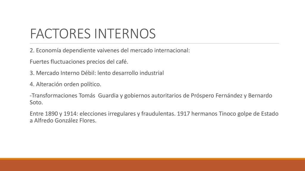 FACTORES INTERNOS 2. Economía dependiente vaivenes del mercado internacional: Fuertes fluctuaciones precios del café.