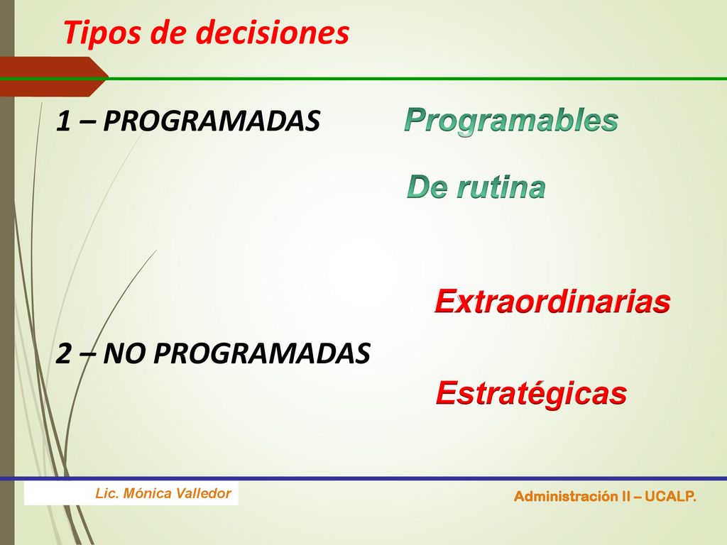 Tipos de decisiones 1 – PROGRAMADAS 2 – NO PROGRAMADAS Programables