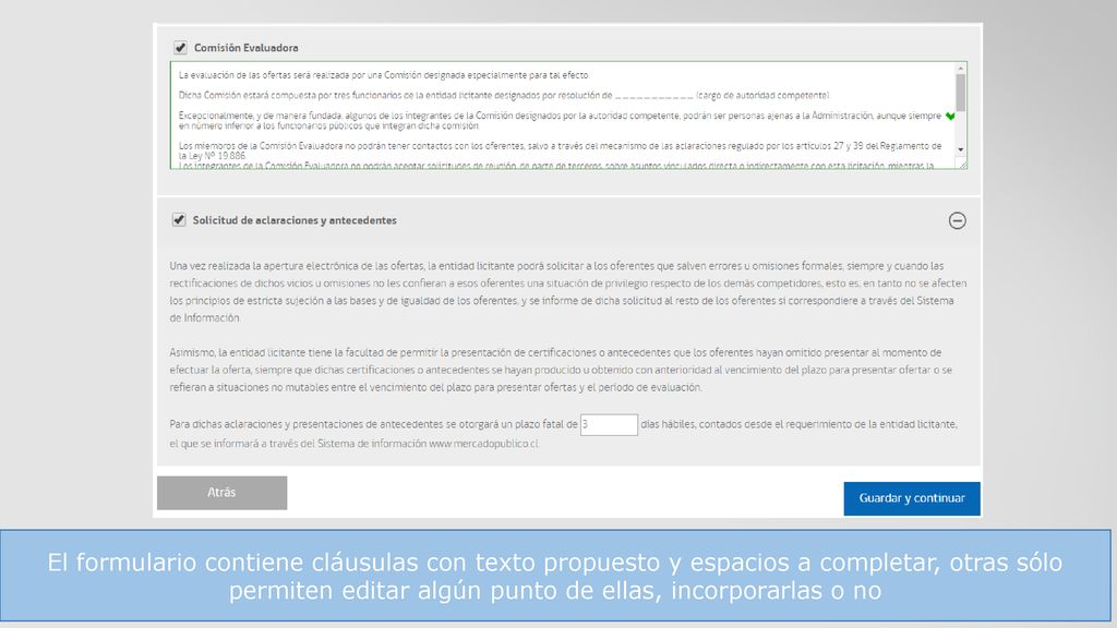 El formulario contiene cláusulas con texto propuesto y espacios a completar, otras sólo permiten editar algún punto de ellas, incorporarlas o no
