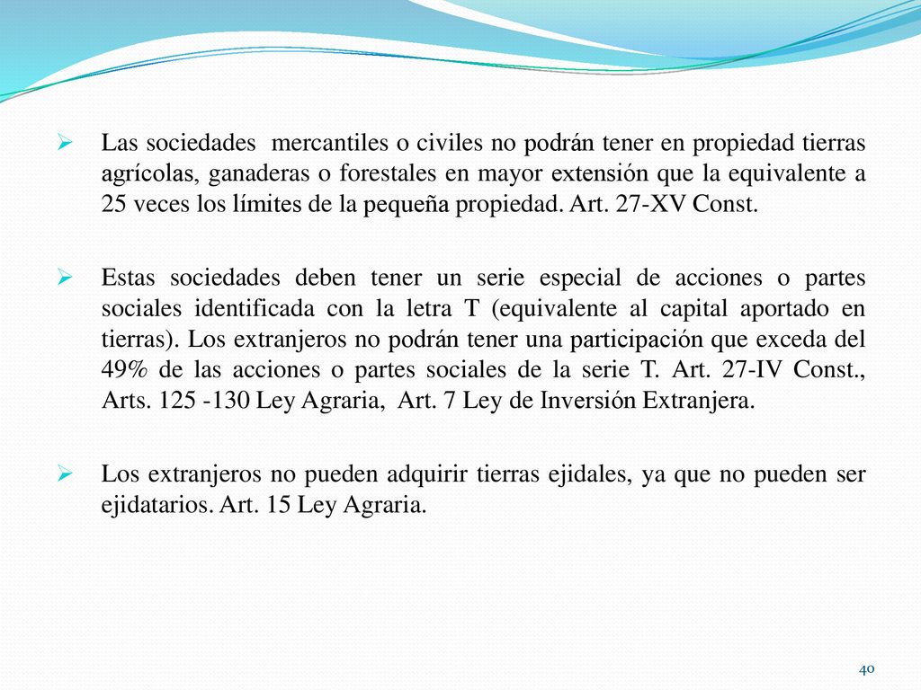 Las sociedades mercantiles o civiles no podrán tener en propiedad tierras agrícolas, ganaderas o forestales en mayor extensión que la equivalente a 25 veces los límites de la pequeña propiedad. Art. 27-XV Const.