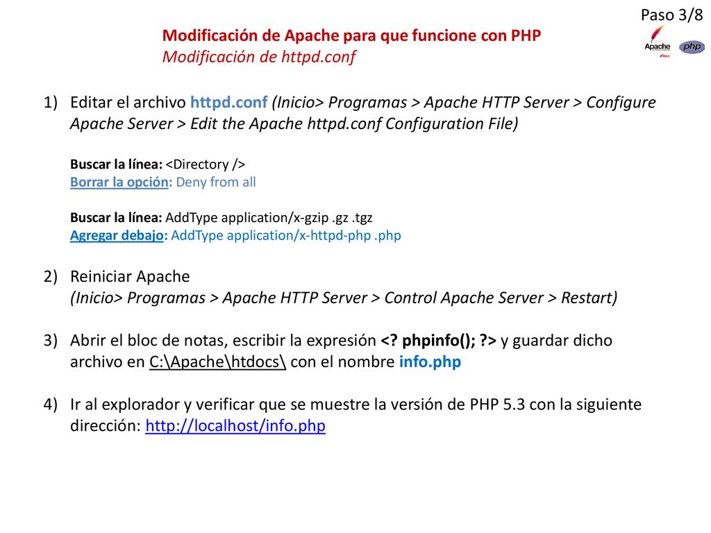 Paso 3/8 Modificación de Apache para que funcione con PHP Modificación de httpd.conf.