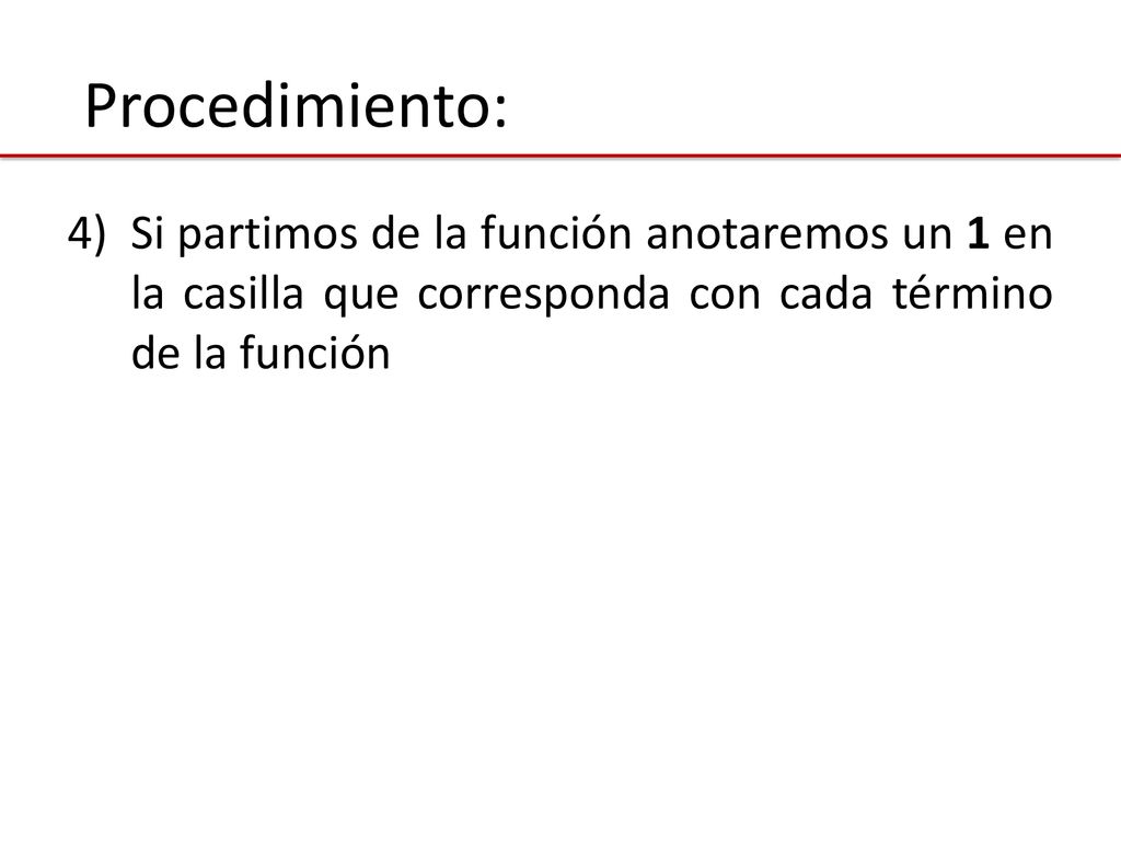 Procedimiento: Si partimos de la función anotaremos un 1 en la casilla que corresponda con cada término de la función.