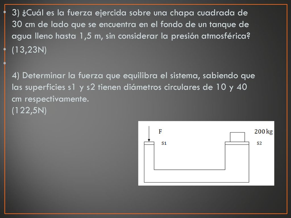 3) ¿Cuál es la fuerza ejercida sobre una chapa cuadrada de 30 cm de lado que se encuentra en el fondo de un tanque de agua lleno hasta 1,5 m, sin considerar la presión atmosférica