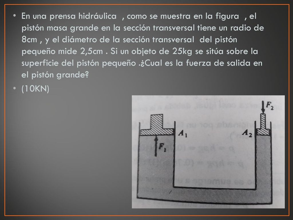 En una prensa hidráulica , como se muestra en la figura , el pistón masa grande en la sección transversal tiene un radio de 8cm , y el diámetro de la sección transversal del pistón pequeño mide 2,5cm . Si un objeto de 25kg se sitúa sobre la superficie del pistón pequeño .¿Cual es la fuerza de salida en el pistón grande