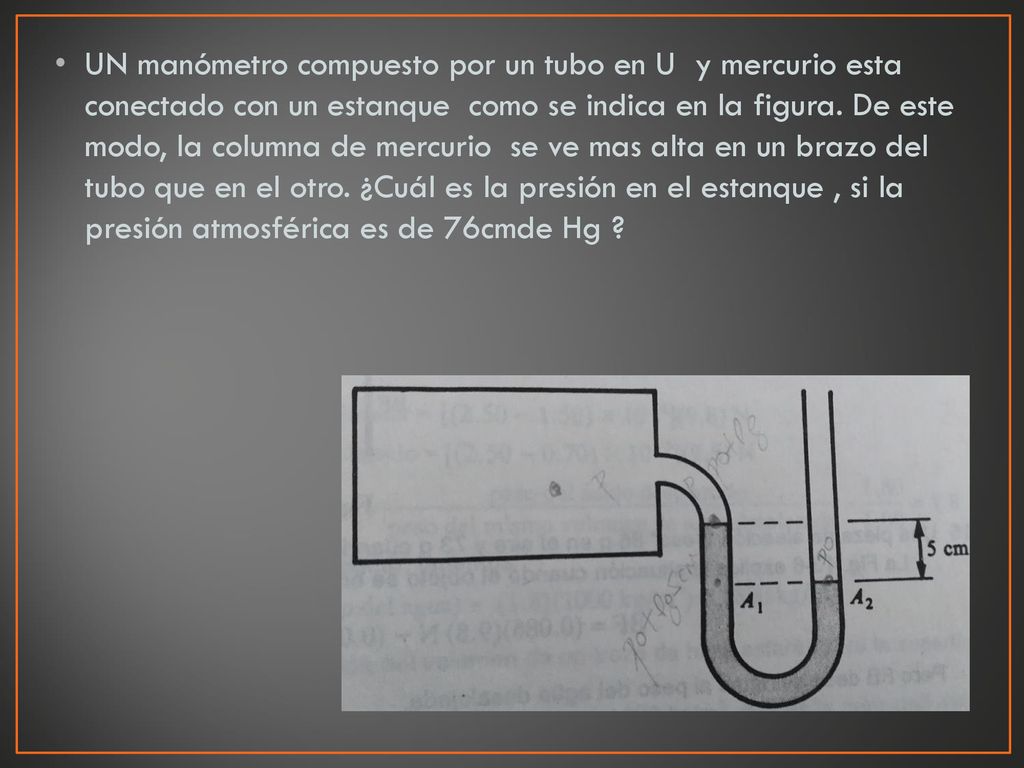 UN manómetro compuesto por un tubo en U y mercurio esta conectado con un estanque como se indica en la figura.