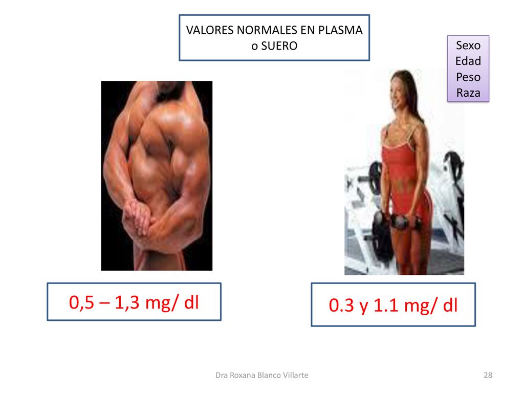 0,5 – 1,3 mg/ dl 0.3 y 1.1 mg/ dl VALORES NORMALES EN PLASMA o SUERO