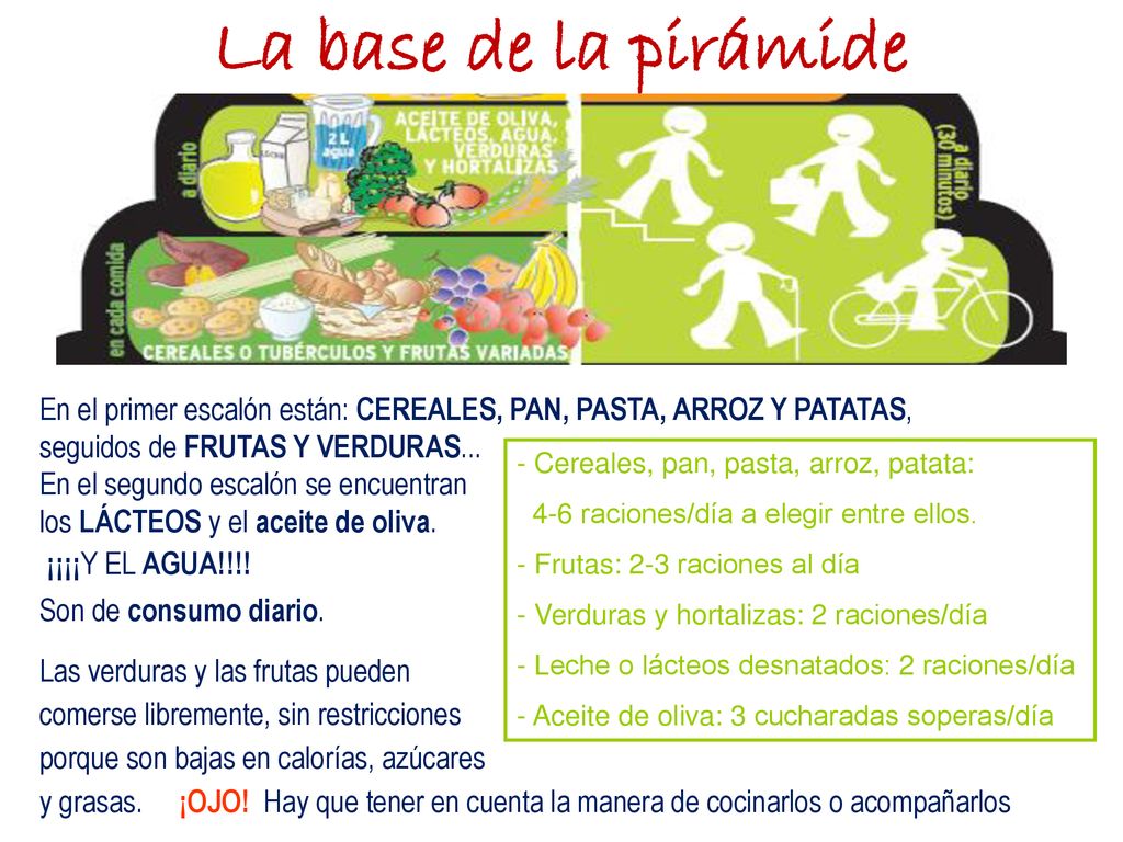 La base de la pirámide En el primer escalón están: CEREALES, PAN, PASTA, ARROZ Y PATATAS, seguidos de FRUTAS Y VERDURAS...