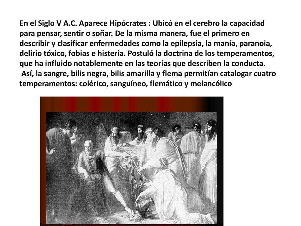 En el Siglo V A.C. Aparece Hipócrates : Ubicó en el cerebro la capacidad para pensar, sentir o soñar. De la misma manera, fue el primero en describir y clasificar enfermedades como la epilepsia, la manía, paranoia, delirio tóxico, fobias e histeria. Postuló la doctrina de los temperamentos, que ha influido notablemente en las teorías que describen la conducta.