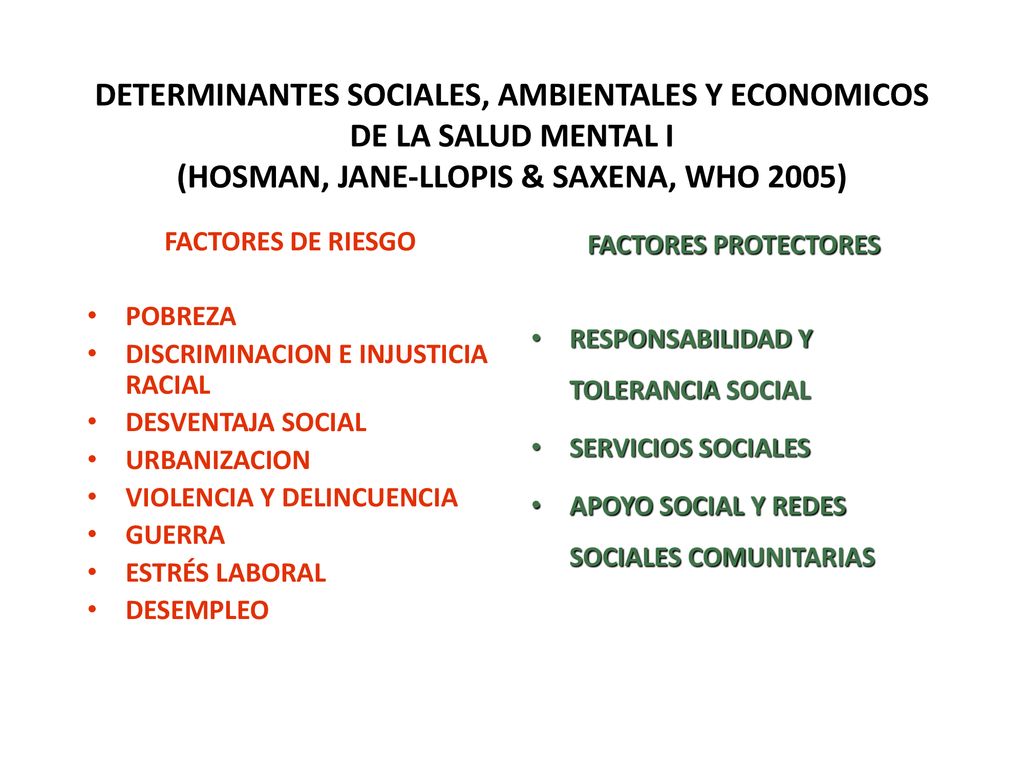 DETERMINANTES SOCIALES, AMBIENTALES Y ECONOMICOS DE LA SALUD MENTAL I (HOSMAN, JANE-LLOPIS & SAXENA, WHO 2005)