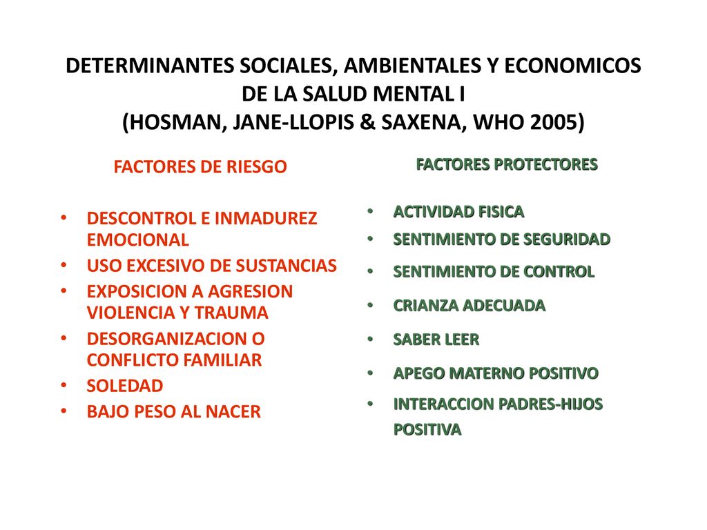 DETERMINANTES SOCIALES, AMBIENTALES Y ECONOMICOS DE LA SALUD MENTAL I (HOSMAN, JANE-LLOPIS & SAXENA, WHO 2005)