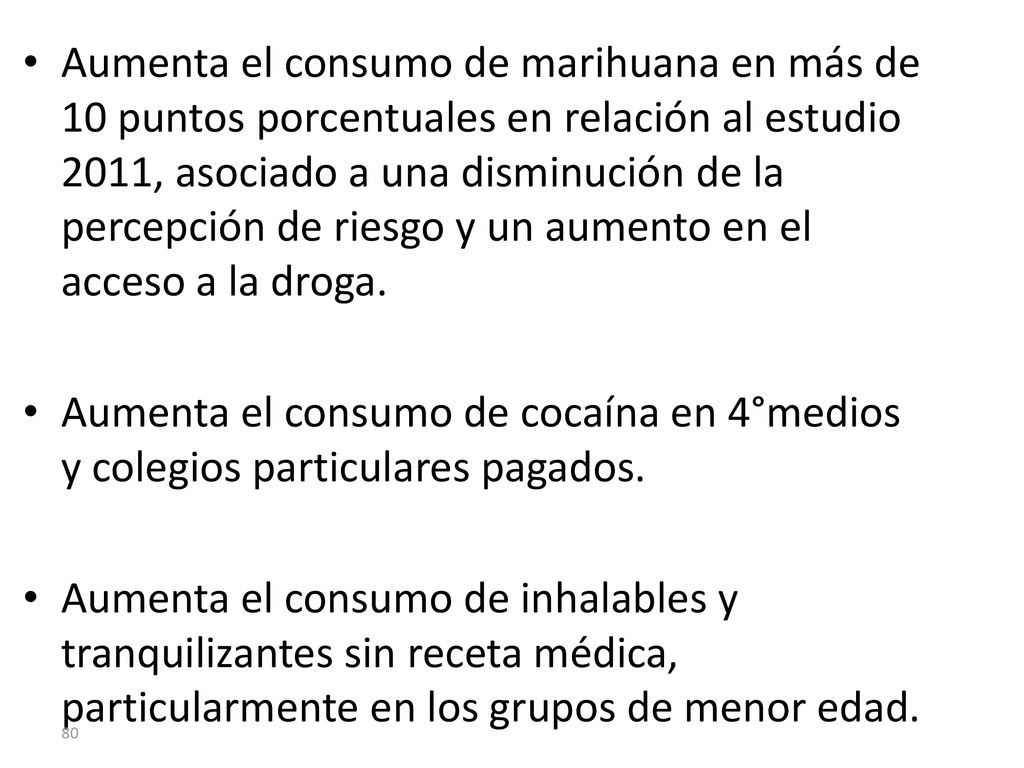 Aumenta el consumo de marihuana en más de 10 puntos porcentuales en relación al estudio 2011, asociado a una disminución de la percepción de riesgo y un aumento en el acceso a la droga.