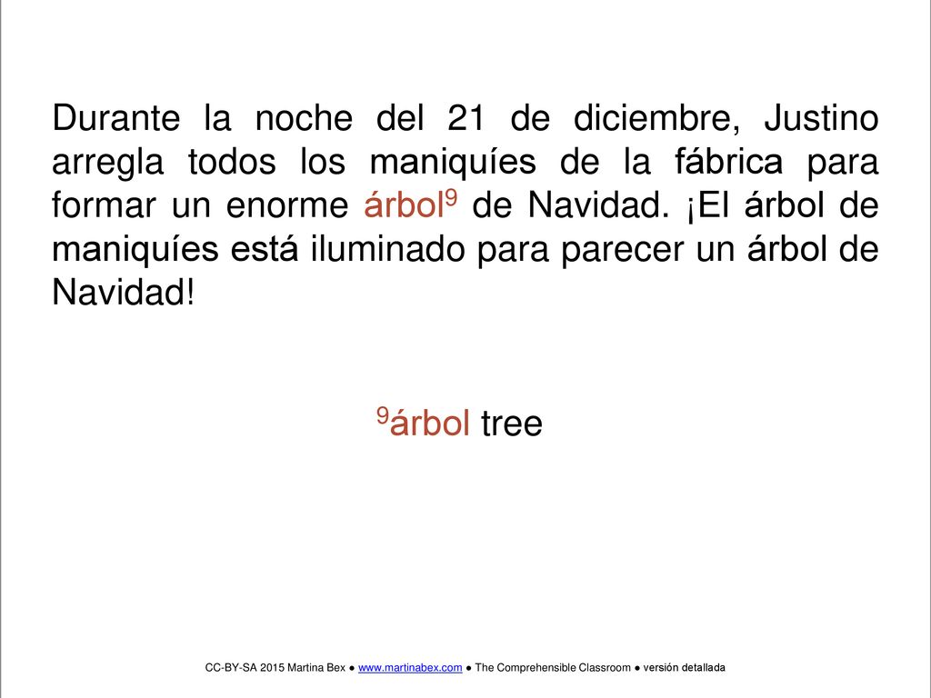 Durante la noche del 21 de diciembre, Justino arregla todos los maniquíes de la fábrica para formar un enorme árbol9 de Navidad. ¡El árbol de maniquíes está iluminado para parecer un árbol de Navidad!