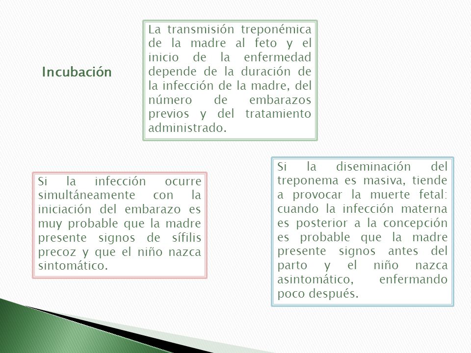 La transmisión treponémica de la madre al feto y el inicio de la enfermedad depende de la duración de la infección de la madre, del número de embarazos previos y del tratamiento administrado.