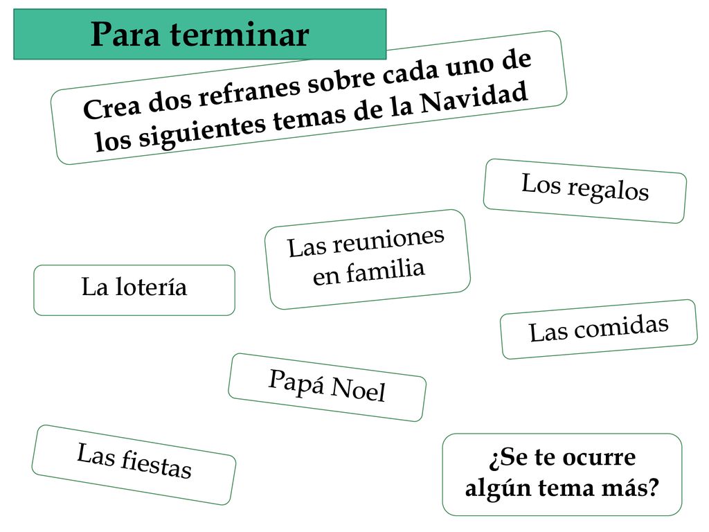 Para terminar Crea dos refranes sobre cada uno de los siguientes temas de la Navidad. Los regalos.