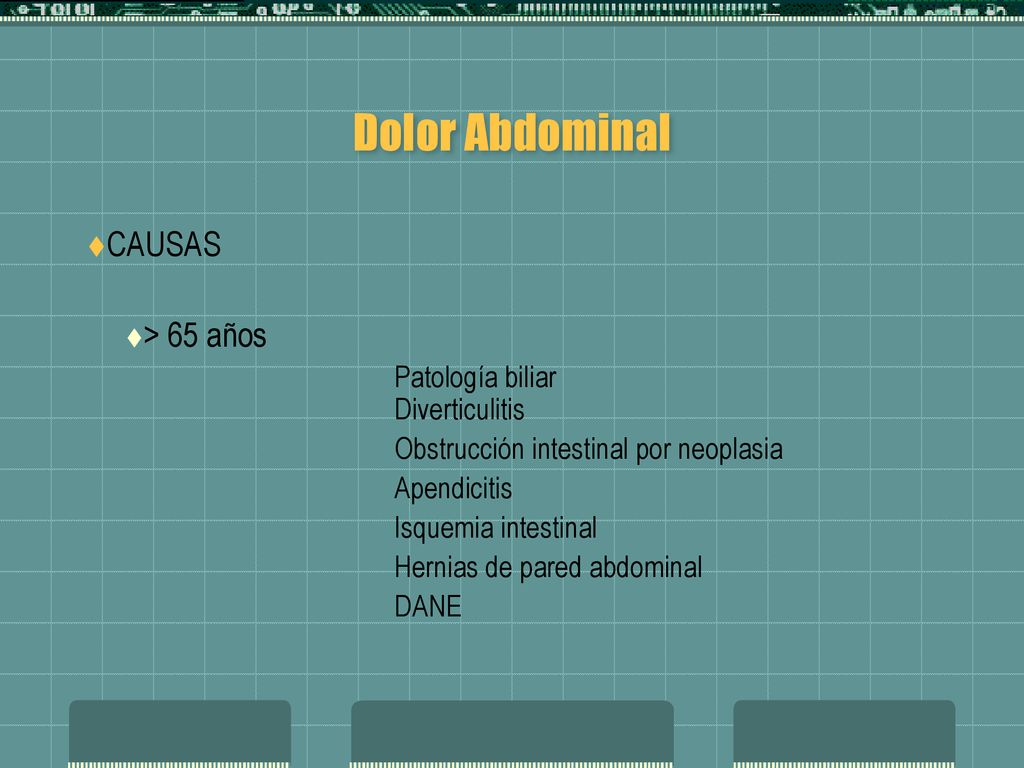 Dolor Abdominal CAUSAS > 65 años Patología biliar Diverticulitis