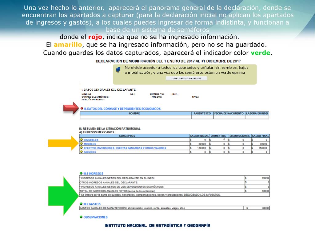 El amarillo, que se ha ingresado información, pero no se ha guardado.