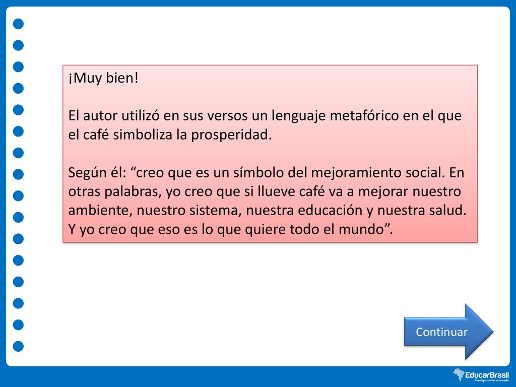 ¡Muy bien! El autor utilizó en sus versos un lenguaje metafórico en el que el café simboliza la prosperidad.