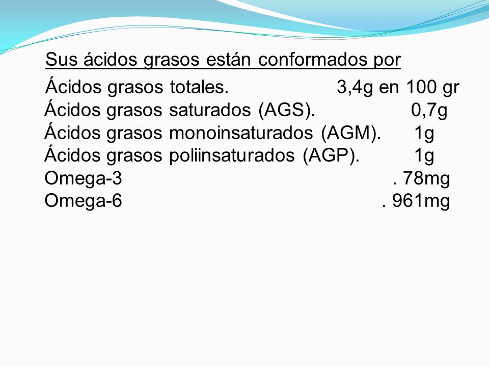 Sus ácidos grasos están conformados por Ácidos grasos totales