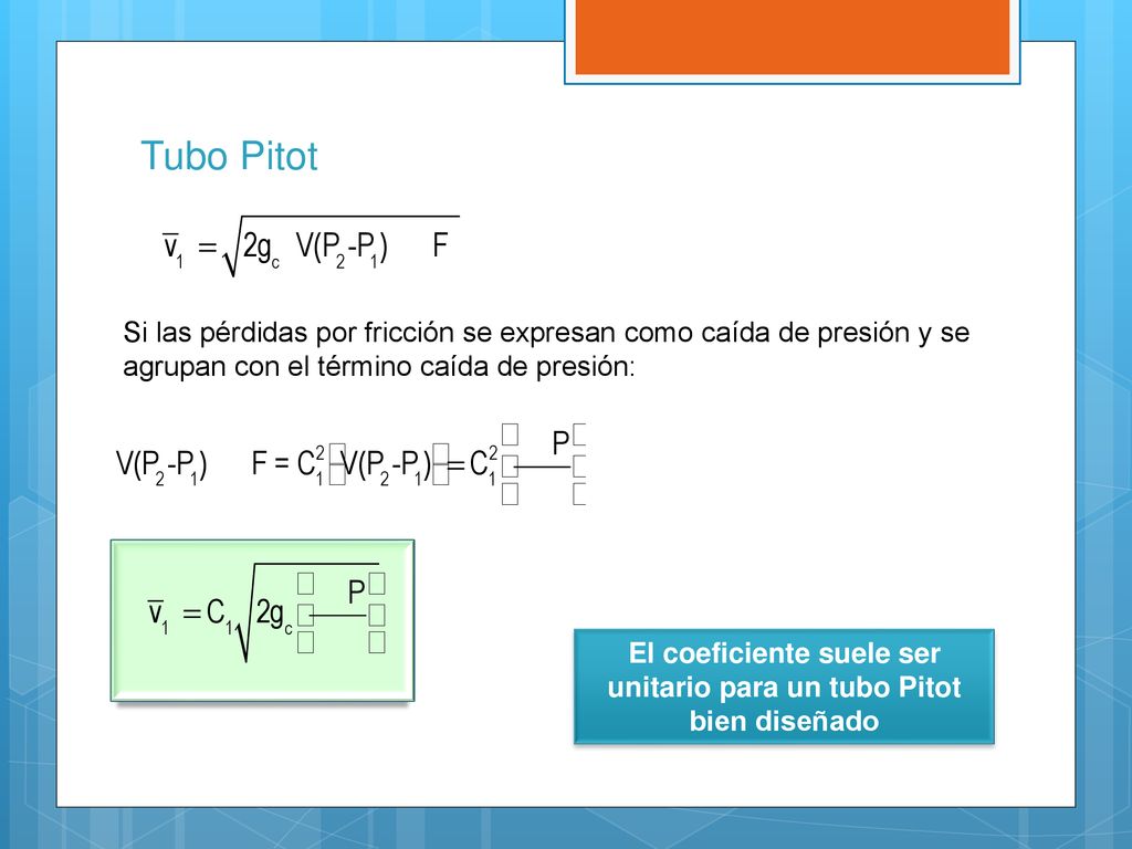 El coeficiente suele ser unitario para un tubo Pitot bien diseñado