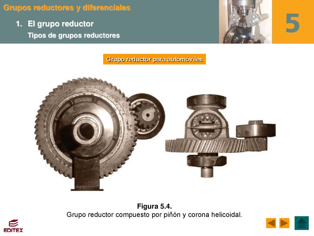 Grupo reductor compuesto por piñón y corona helicoidal.