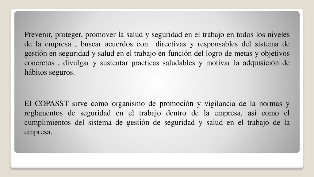 Prevenir, proteger, promover la salud y seguridad en el trabajo en todos los niveles de la empresa , buscar acuerdos con directivas y responsables del sistema de gestión en seguridad y salud en el trabajo en función del logro de metas y objetivos concretos , divulgar y sustentar practicas saludables y motivar la adquisición de hábitos seguros.