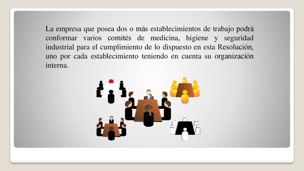 La empresa que posea dos o más establecimientos de trabajo podrá conformar varios comités de medicina, higiene y seguridad industrial para el cumplimiento de lo dispuesto en esta Resolución, uno por cada establecimiento teniendo en cuenta su organización interna.