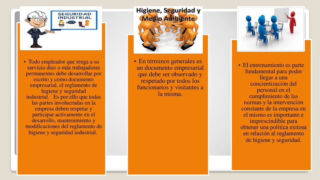 Todo empleador que tenga a su servicio diez o más trabajadores permanentes debe desarrollar por escrito y como documento empresarial, el reglamento de higiene y seguridad industrial. Es por ello que todas las partes involucradas en la empresa deben respetar y participar activamente en el desarrollo, mantenimiento y modificaciones del reglamento de higiene y seguridad industrial.