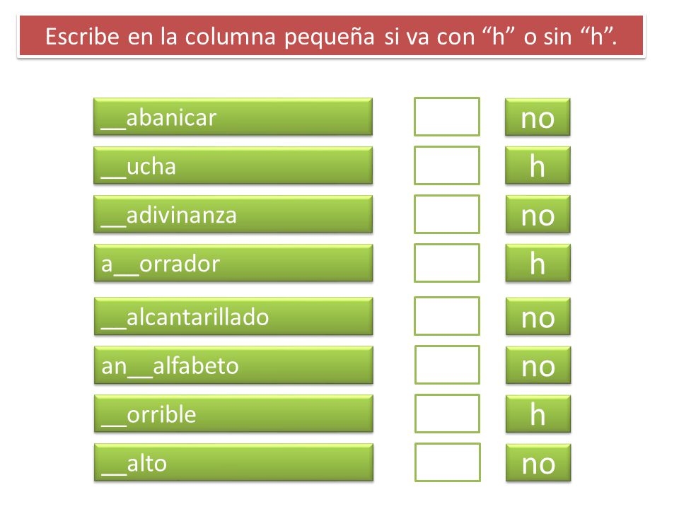 Escribe en la columna pequeña si va con h o sin h .