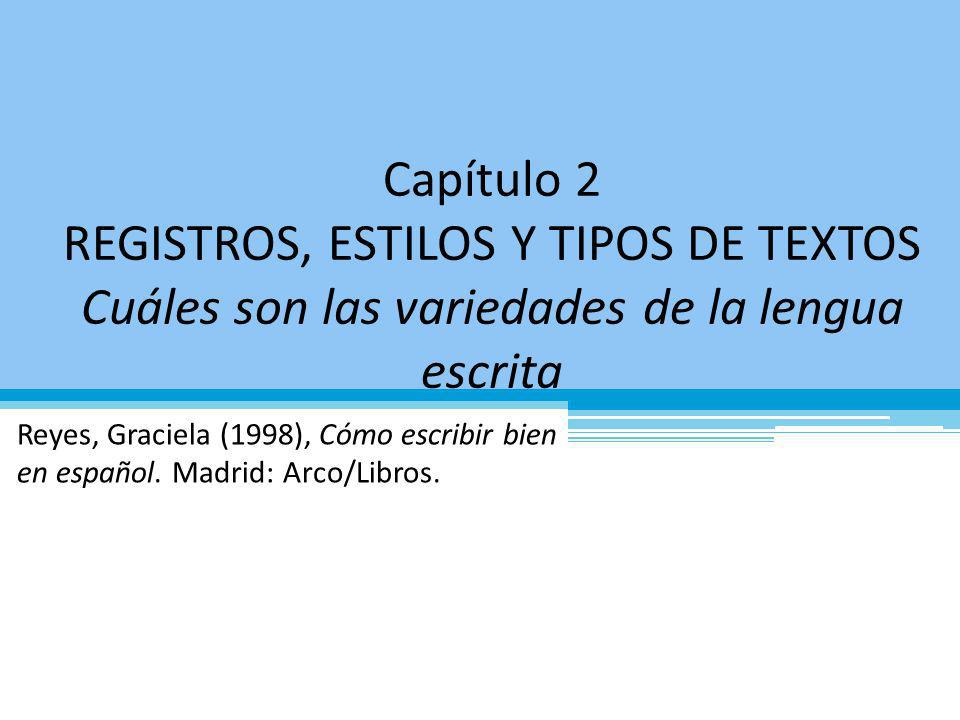 Capítulo 2 REGISTROS, ESTILOS Y TIPOS DE TEXTOS Cuáles son las variedades de la lengua escrita