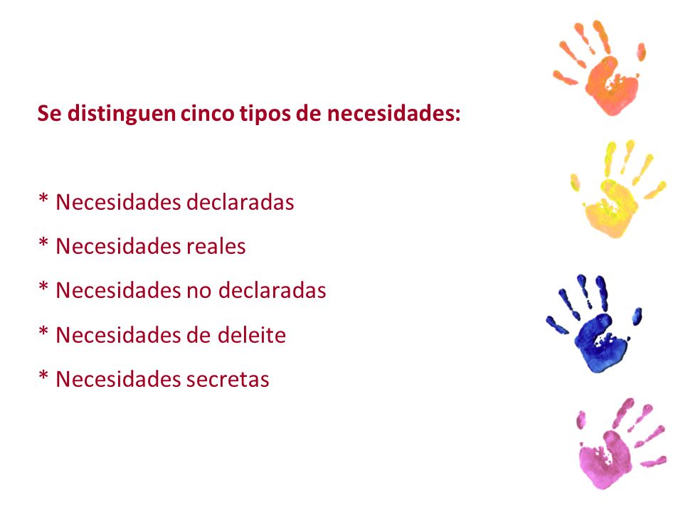 Se distinguen cinco tipos de necesidades:. Necesidades declaradas