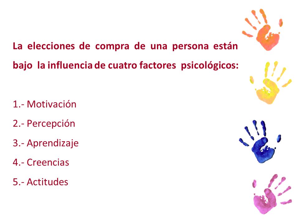 La elecciones de compra de una persona están bajo la influencia de cuatro factores psicológicos: 1.- Motivación 2.- Percepción 3.- Aprendizaje 4.- Creencias 5.- Actitudes