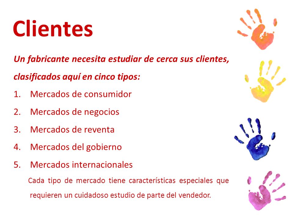 Clientes Un fabricante necesita estudiar de cerca sus clientes, clasificados aquí en cinco tipos: Mercados de consumidor.