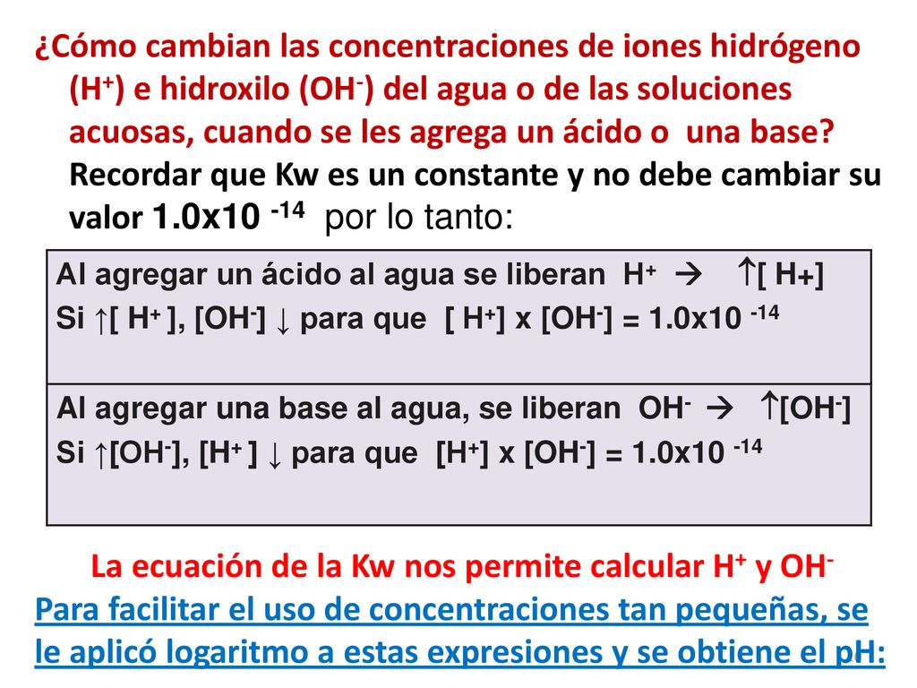 La ecuación de la Kw nos permite calcular H+ y OH-