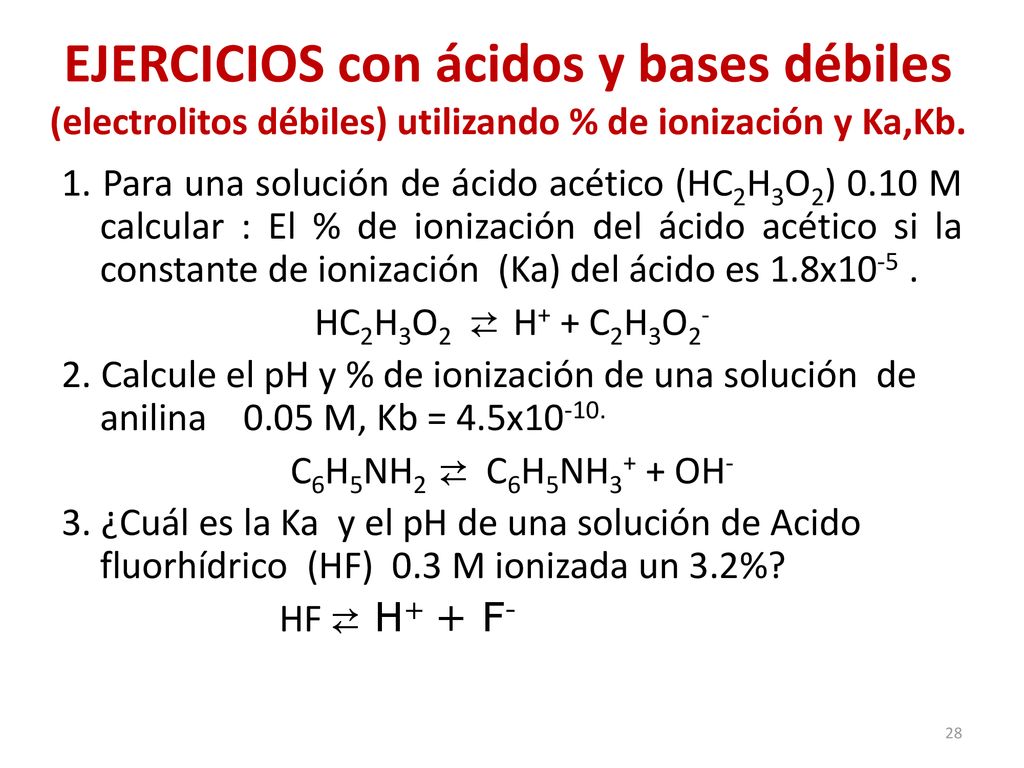 EJERCICIOS con ácidos y bases débiles (electrolitos débiles) utilizando % de ionización y Ka,Kb.